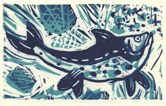 Bass in the breakers-linocut in cymk